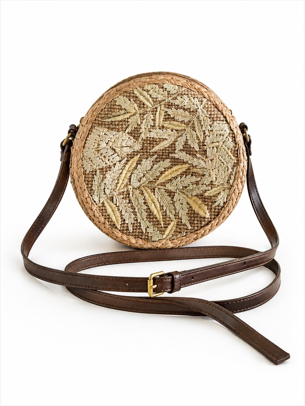 Accessorize London Round Embroidered Raffia Crossbody Bag Boho Neutral